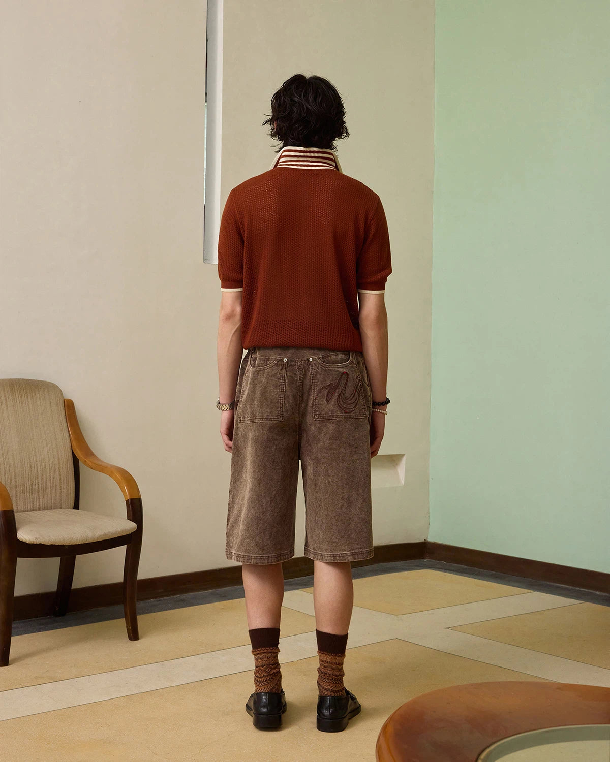 ZHABUXIAO Corduroy Plaid Acid Wash Straight Five-Point Shorts Brown