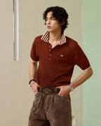 ZHABUXIAO Lightweight Wool Blend Mesh Striped Casual Polo Red