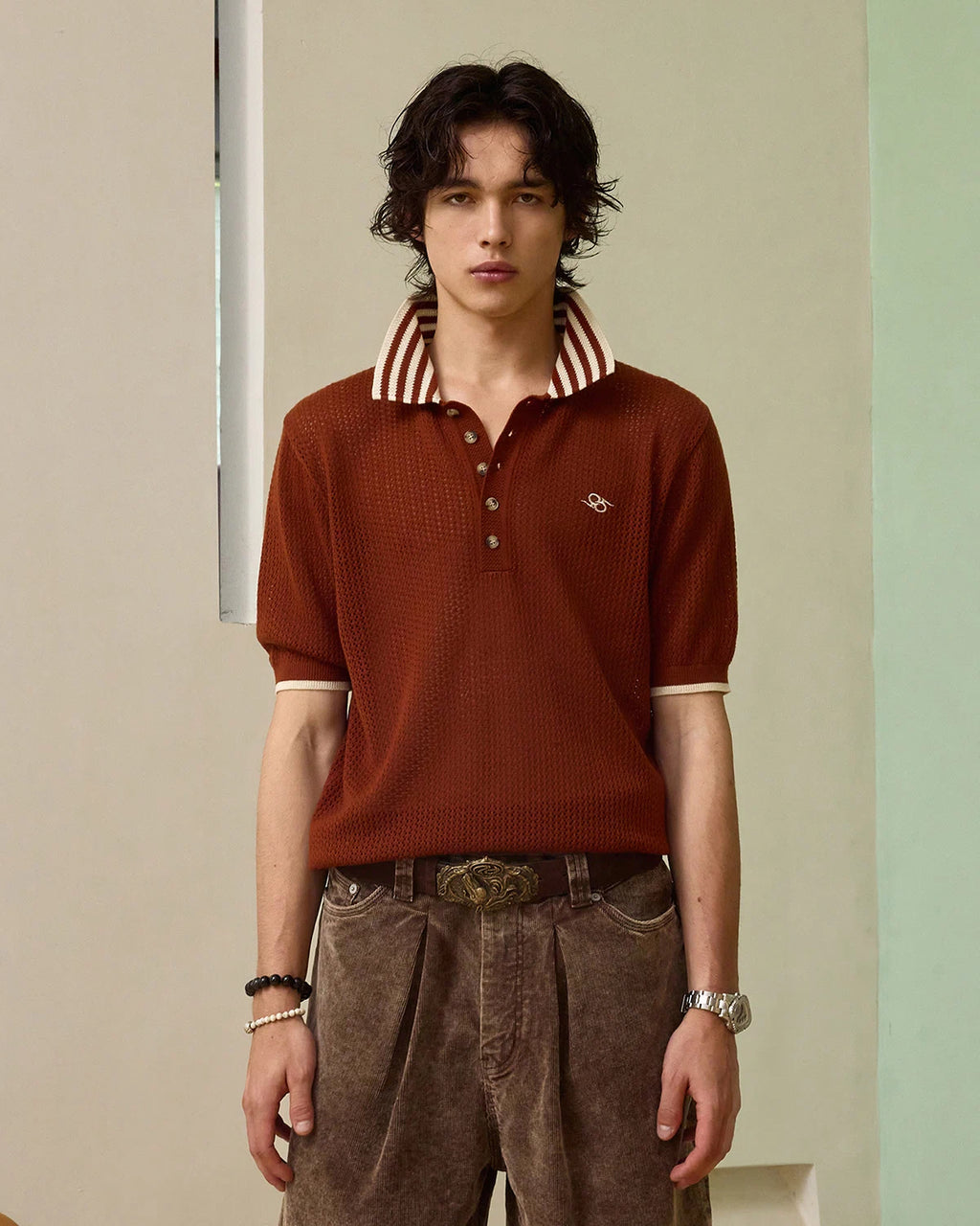 ZHABUXIAO Lightweight Wool Blend Mesh Striped Casual Polo Red