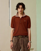 ZHABUXIAO Lightweight Wool Blend Mesh Striped Casual Polo Red