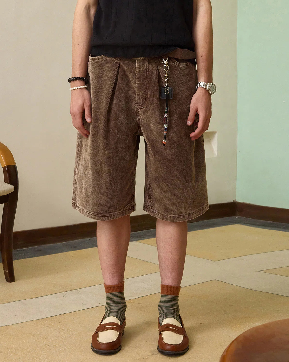 ZHABUXIAO Corduroy Plaid Acid Wash Straight Five-Point Shorts Brown