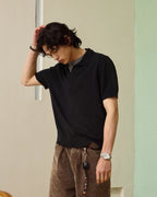 ZHABUXIAO 2-in-1 Striped Mesh Hemp Cotton Breathable Polo Shirt Black & Gray White