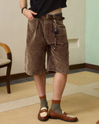 ZHABUXIAO Corduroy Plaid Acid Wash Straight Five-Point Shorts Brown
