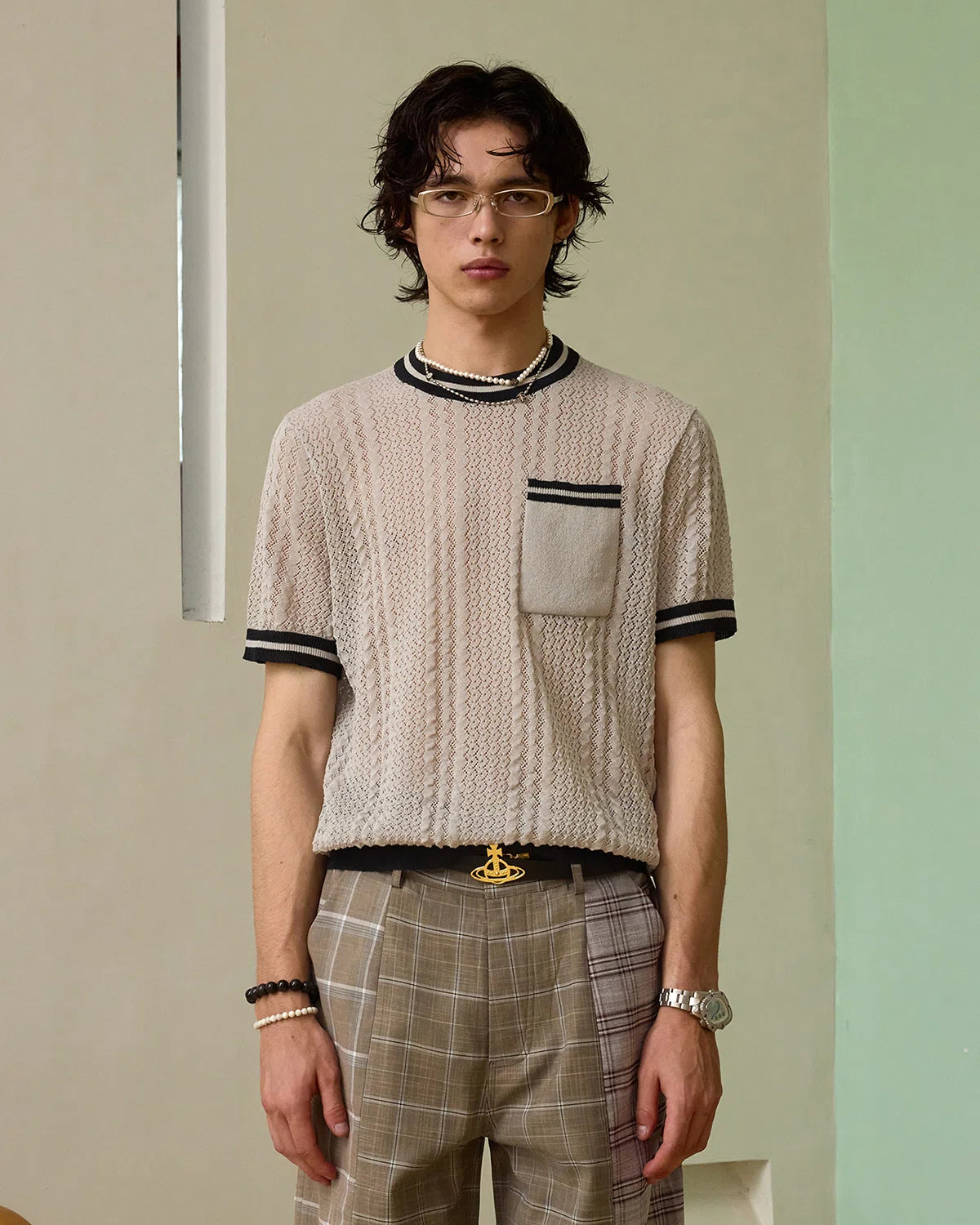 ZHABUXIAO Breathable Textured Linen O-Neck Casual Knit T-Shirt Gray White