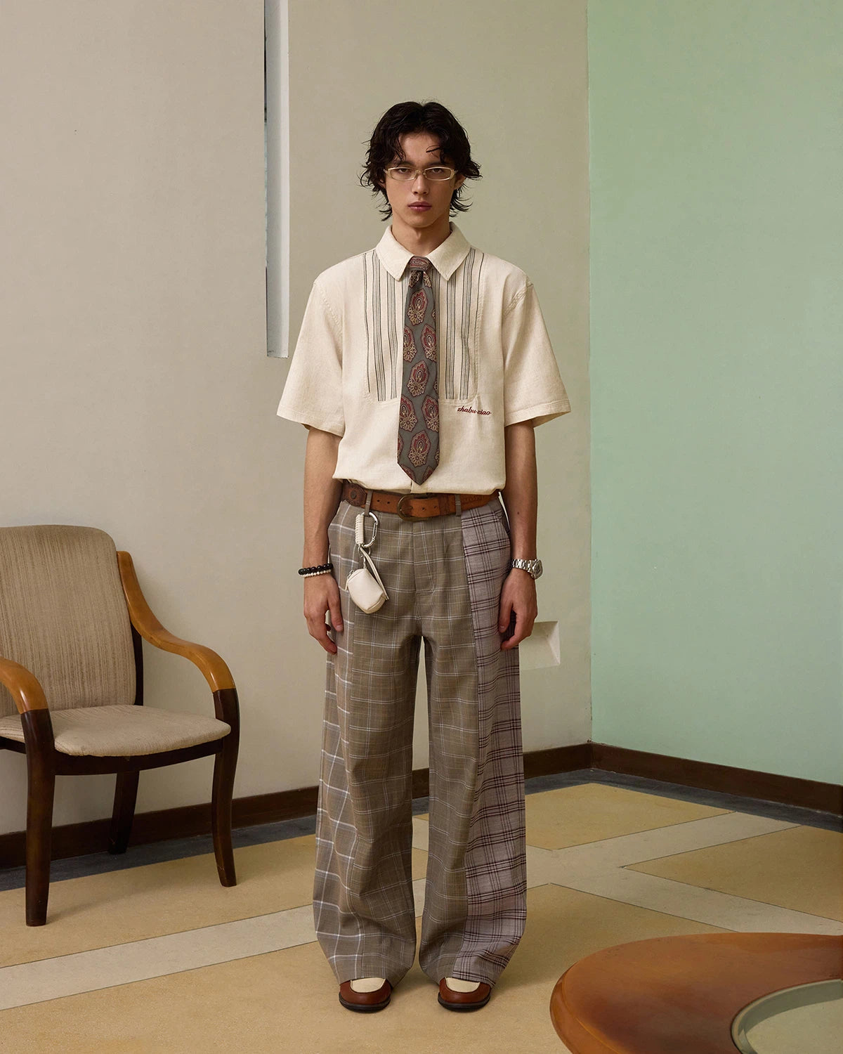 ZHABUXIAO Patchwork Plaid Wide Leg High Waist Trousers Khaki