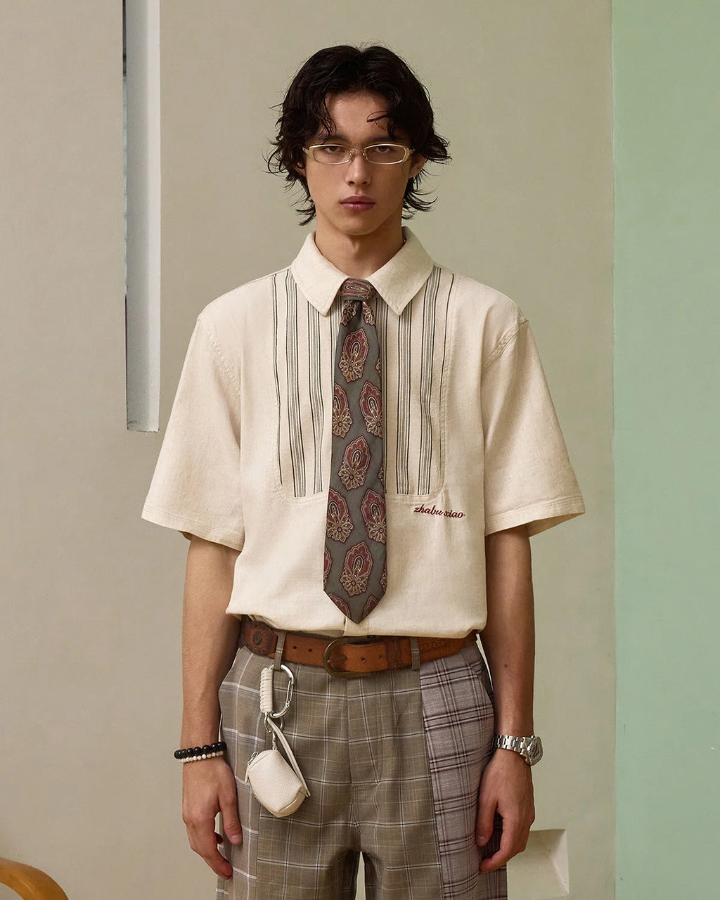 ZHABUXIAO Striped Tencel Linen Casual Short Sleeve Shirt Off White