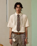 ZHABUXIAO Striped Tencel Linen Casual Short Sleeve Shirt Off White