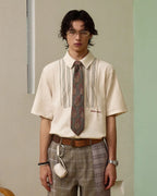 ZHABUXIAO Striped Tencel Linen Casual Short Sleeve Shirt Off White