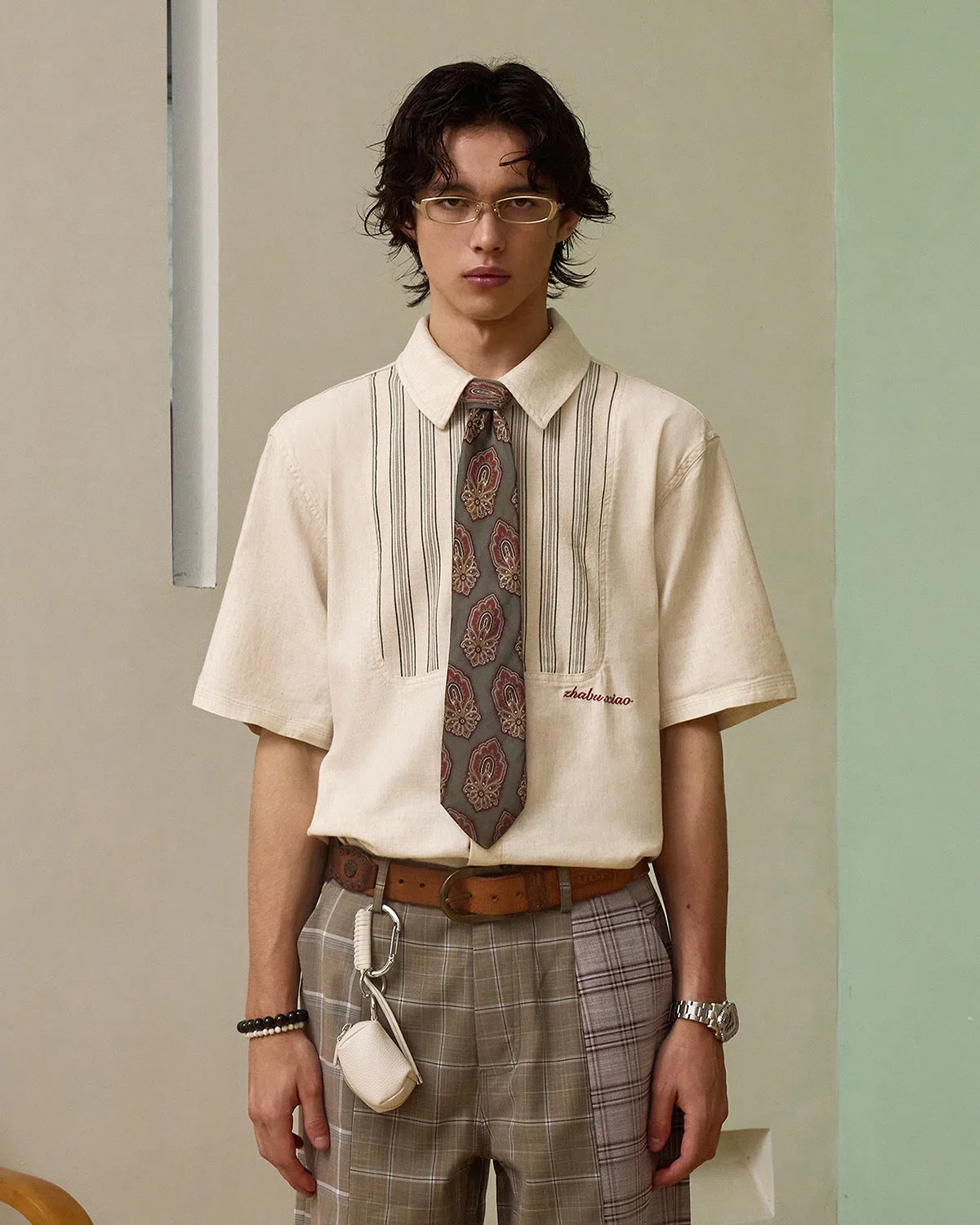ZHABUXIAO Striped Tencel Linen Casual Short Sleeve Shirt Off White