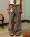 ZHABUXIAO Patchwork Plaid Wide Leg High Waist Trousers Khaki