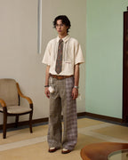ZHABUXIAO Patchwork Plaid Wide Leg High Waist Trousers Khaki