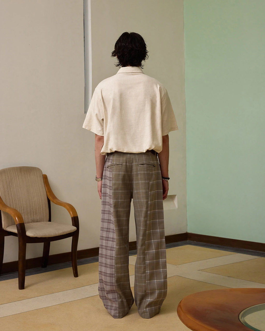 ZHABUXIAO Patchwork Plaid Wide Leg High Waist Trousers Khaki