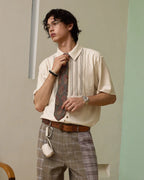 ZHABUXIAO Striped Tencel Linen Casual Short Sleeve Shirt Off White