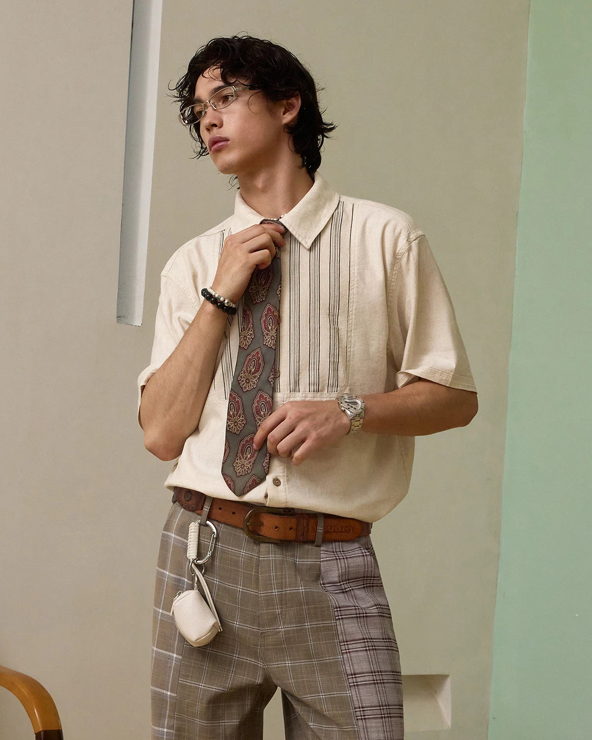 ZHABUXIAO Striped Tencel Linen Casual Short Sleeve Shirt Off White