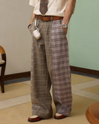 ZHABUXIAO Patchwork Plaid Wide Leg High Waist Trousers Khaki