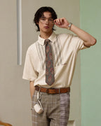 ZHABUXIAO Striped Tencel Linen Casual Short Sleeve Shirt Off White
