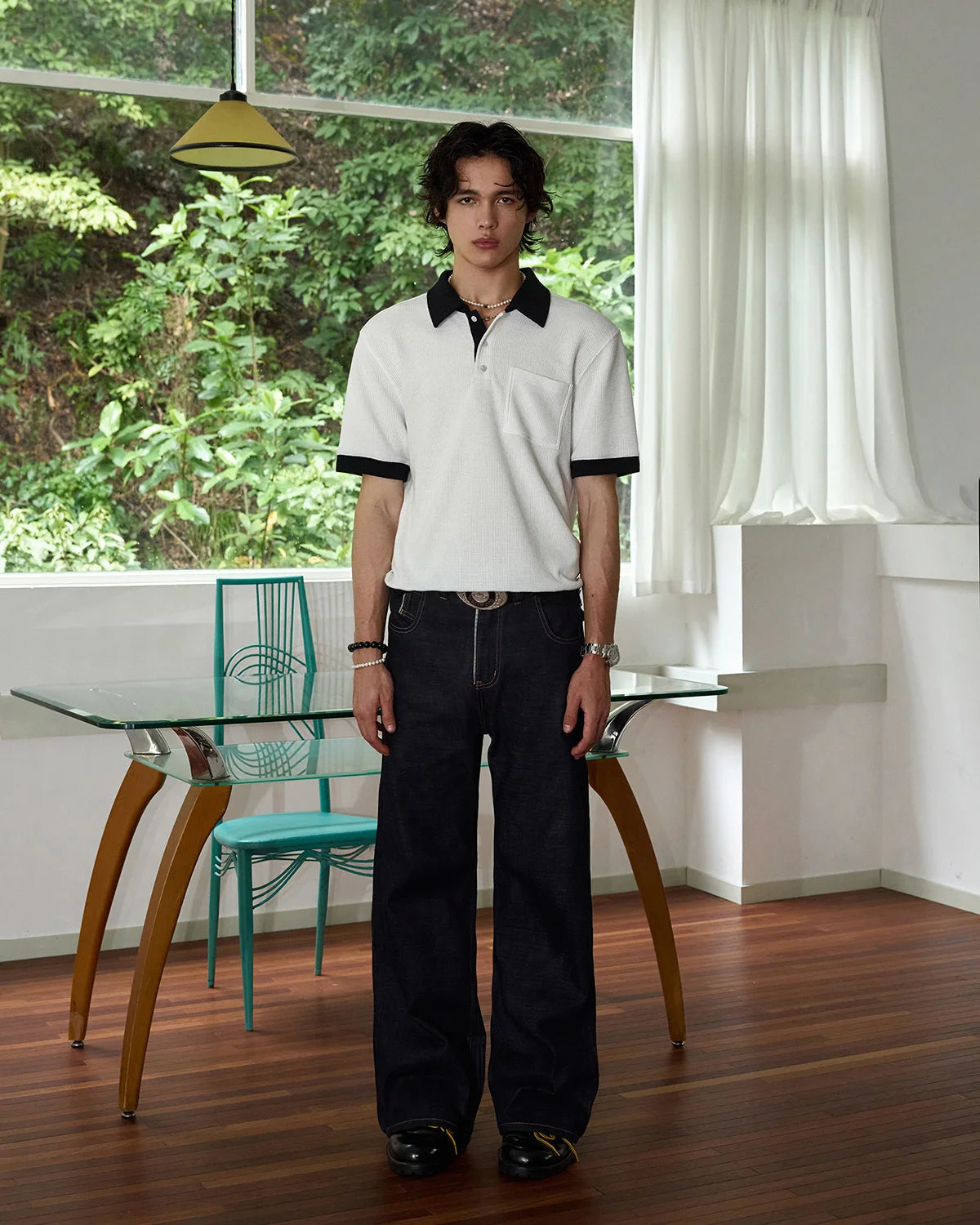 ZHABUXIAO Waffle Knit Contrast Colorblock Casual Polo Shirt White
