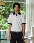 ZHABUXIAO Waffle Knit Contrast Colorblock Casual Polo Shirt White