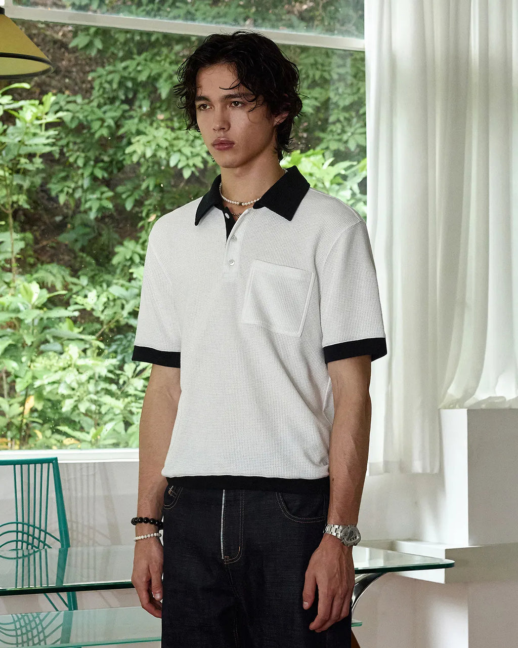 ZHABUXIAO Waffle Knit Contrast Colorblock Casual Polo Shirt White