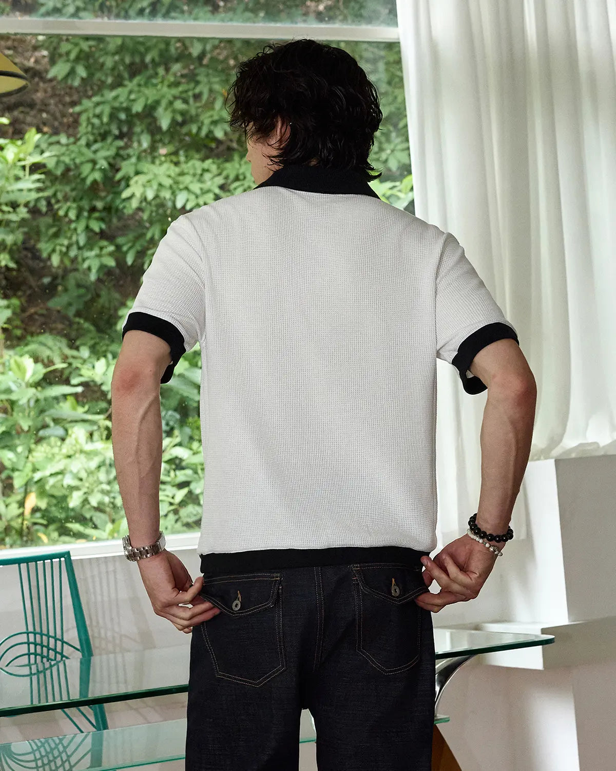 ZHABUXIAO Waffle Knit Contrast Colorblock Casual Polo Shirt White