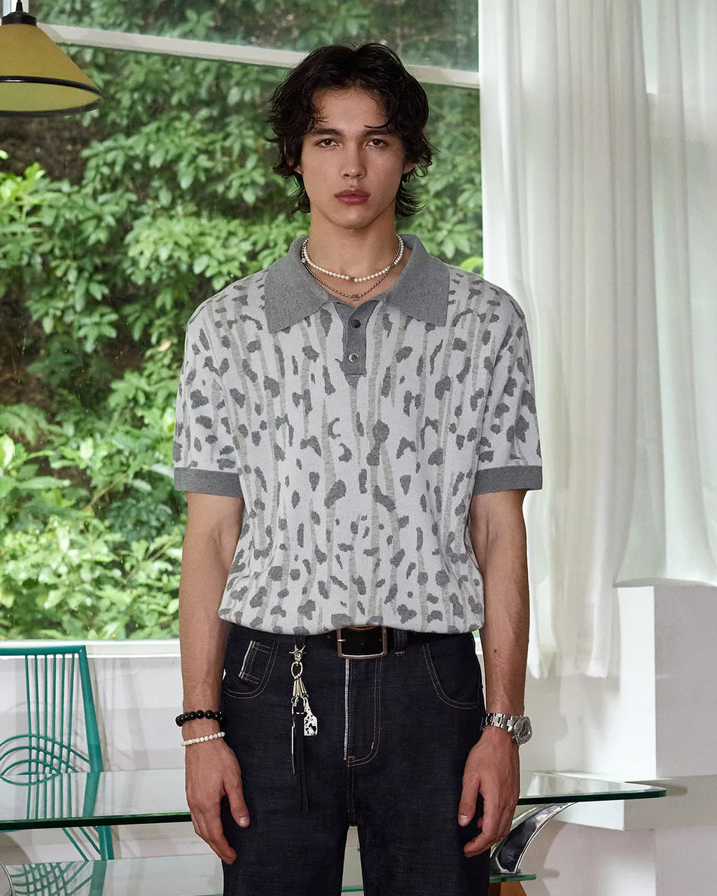 ZHABUXIAO Leopard Trim Wool Blend Ribbed Casual Polo T-Shirt Brown & Gray White