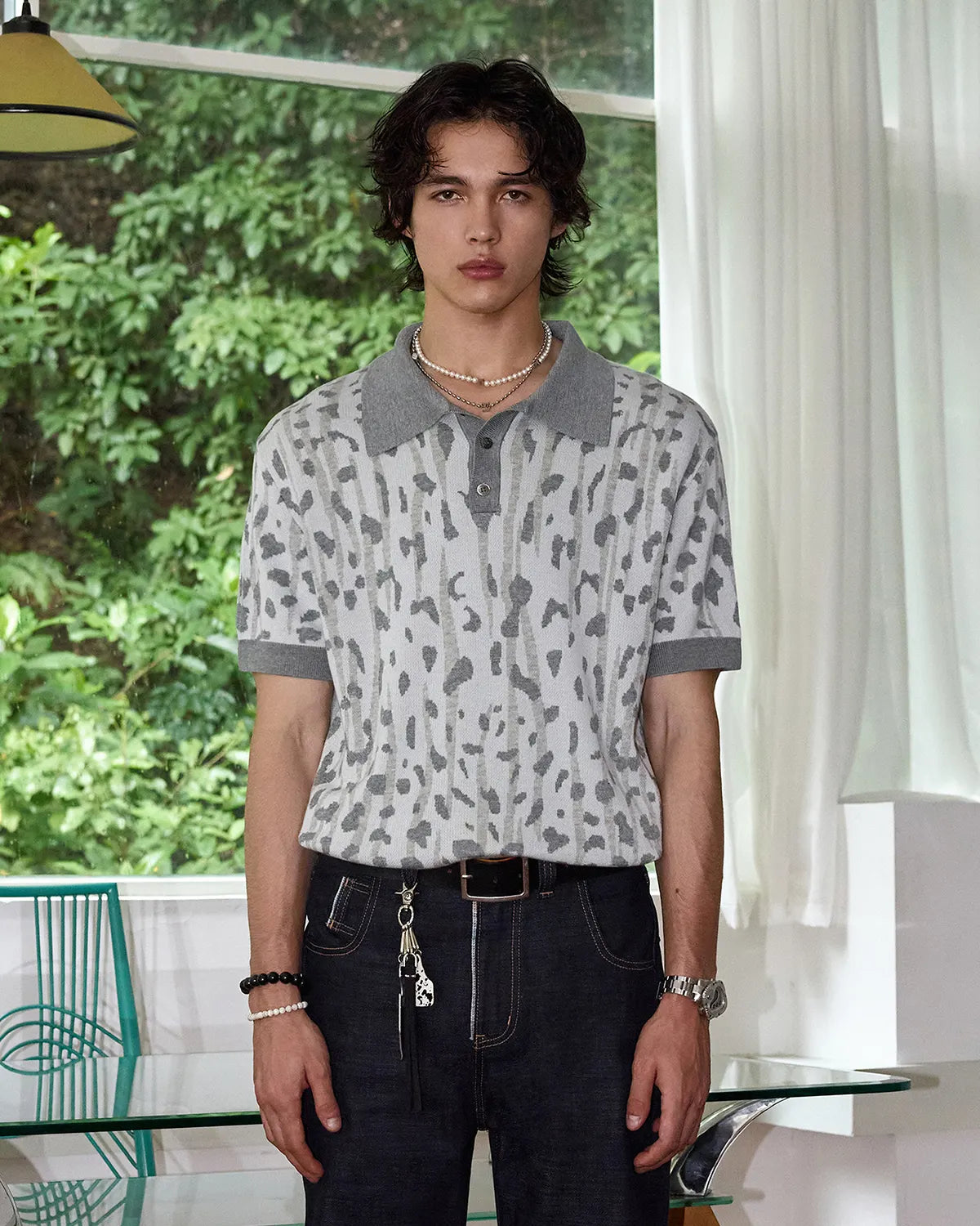 ZHABUXIAO Leopard Trim Wool Blend Ribbed Casual Polo T-Shirt Brown & Gray White