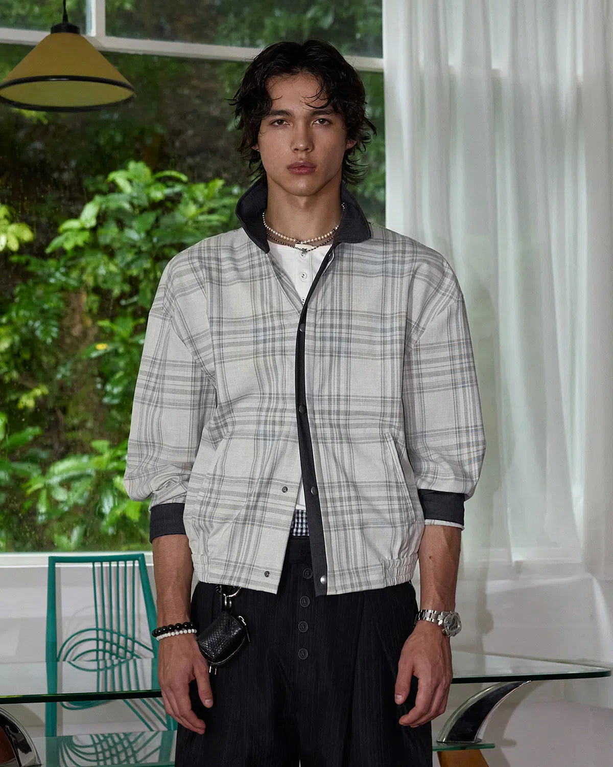 ZHABUXIAO 2-in-1 Plaid Lightweight Contrast Casual Jacket Blue Plaid