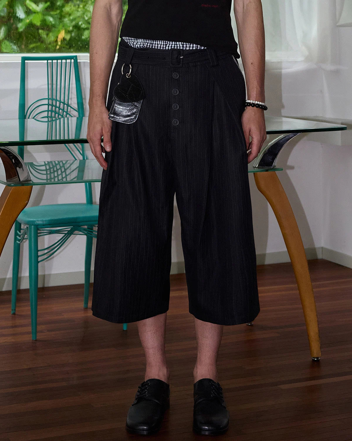 ZHABUXIAO Striped Ankle-Length Straight Belted Dress Pants Black