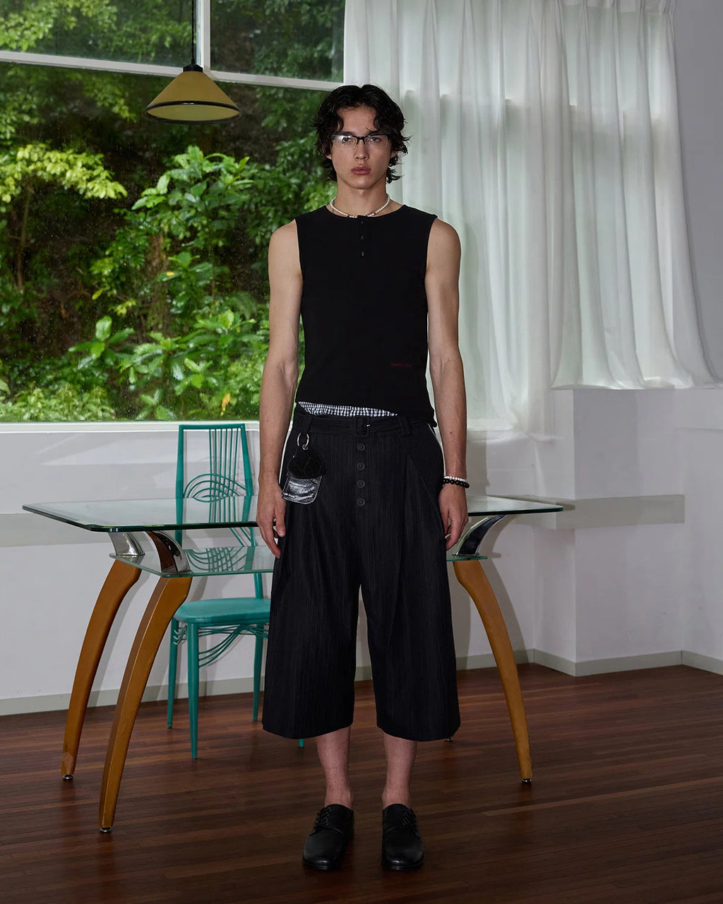 ZHABUXIAO Embroidered Ribbed Elastic Slim Henley Tank Top Black & White