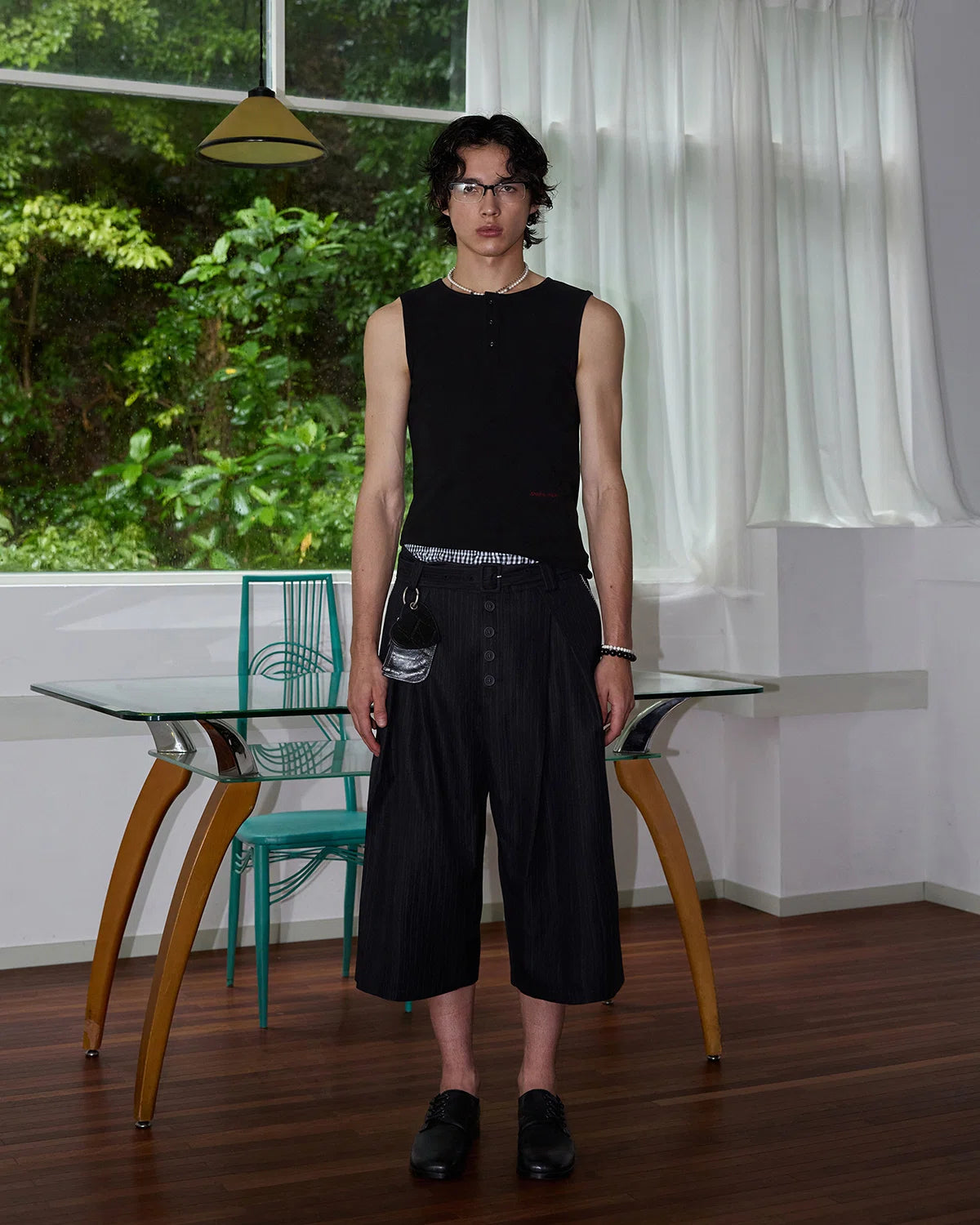 ZHABUXIAO Embroidered Ribbed Elastic Slim Henley Tank Top Black & White