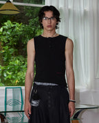 ZHABUXIAO Embroidered Ribbed Elastic Slim Henley Tank Top Black & White