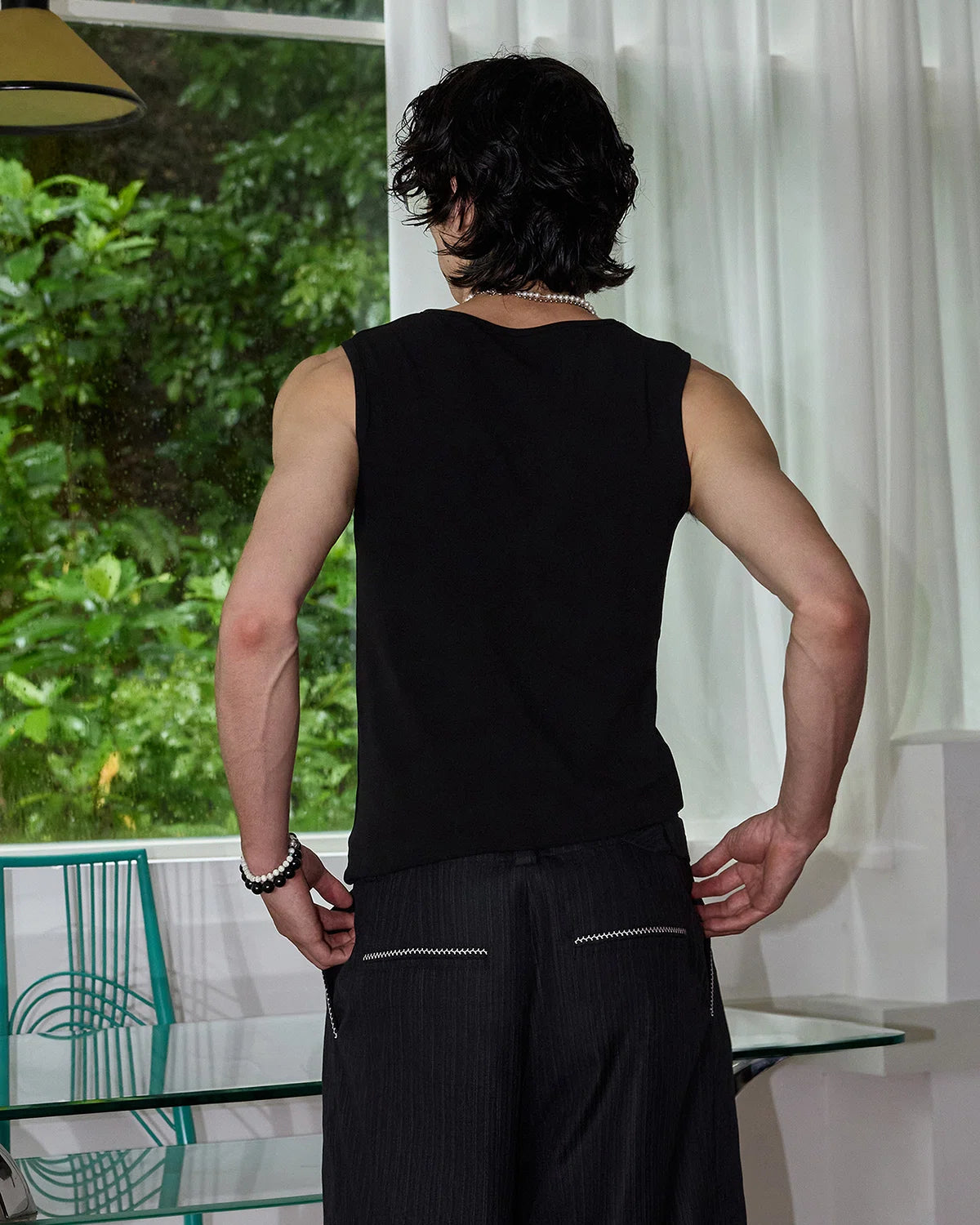 ZHABUXIAO Embroidered Ribbed Elastic Slim Henley Tank Top Black & White