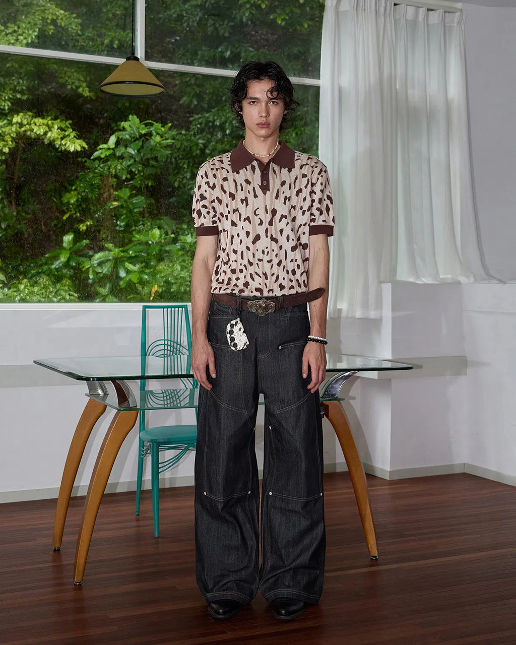 ZHABUXIAO Leopard Trim Wool Blend Ribbed Casual Polo T-Shirt Brown & Gray White