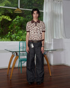 ZHABUXIAO Leopard Trim Wool Blend Ribbed Casual Polo T-Shirt Brown & Gray White