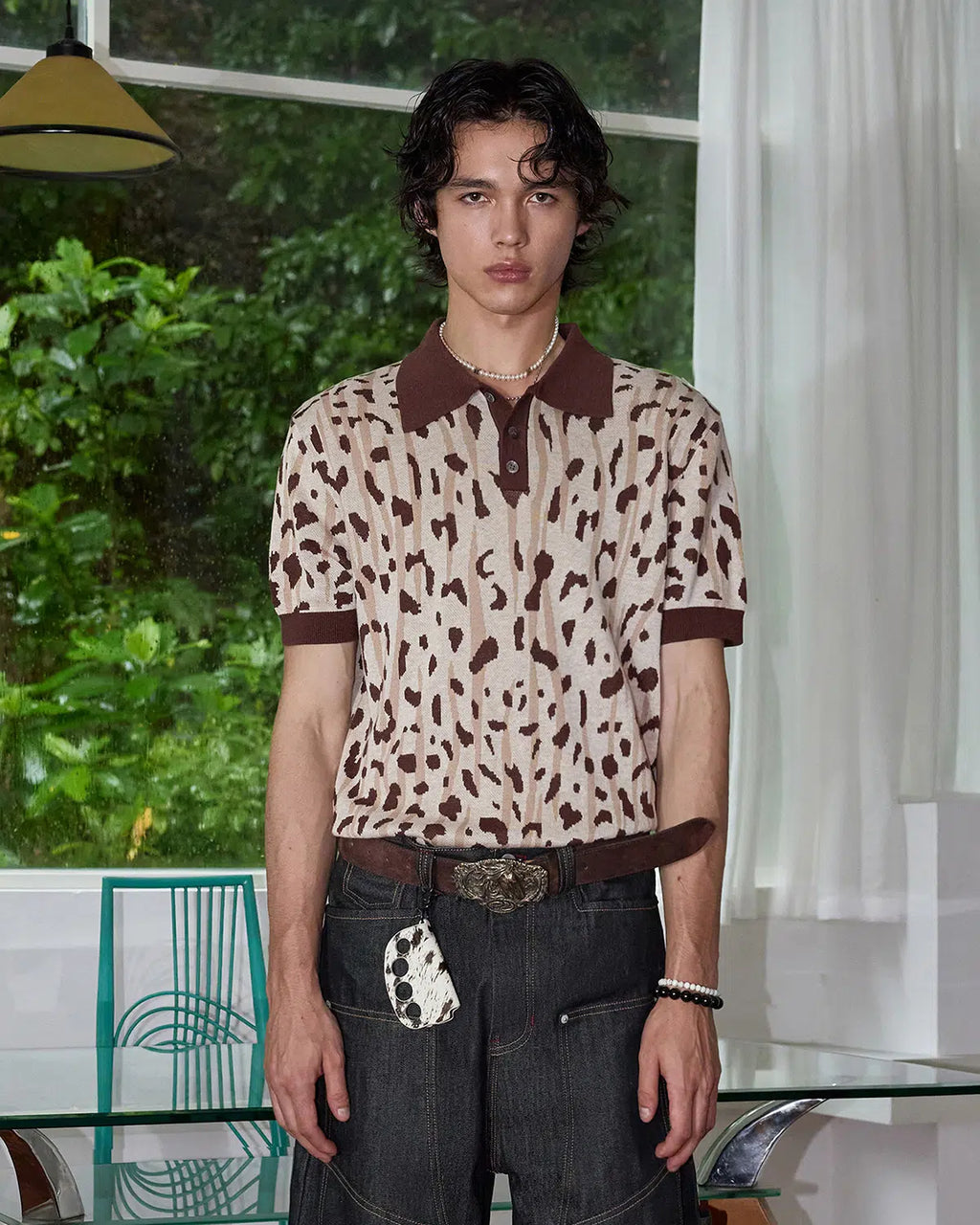 ZHABUXIAO Leopard Trim Wool Blend Ribbed Casual Polo T-Shirt Brown & Gray White