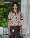 ZHABUXIAO Leopard Trim Wool Blend Ribbed Casual Polo T-Shirt Brown & Gray White