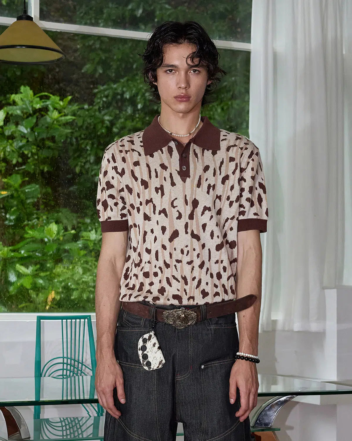 ZHABUXIAO Leopard Trim Wool Blend Ribbed Casual Polo T-Shirt Brown & Gray White