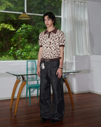 ZHABUXIAO Leopard Trim Wool Blend Ribbed Casual Polo T-Shirt Brown & Gray White