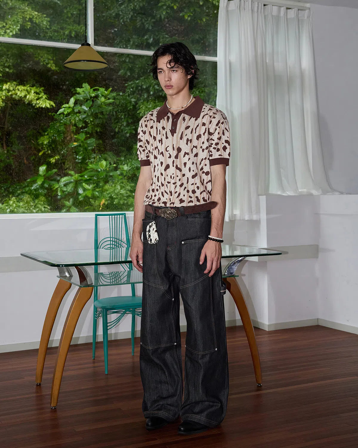 ZHABUXIAO Leopard Trim Wool Blend Ribbed Casual Polo T-Shirt Brown & Gray White