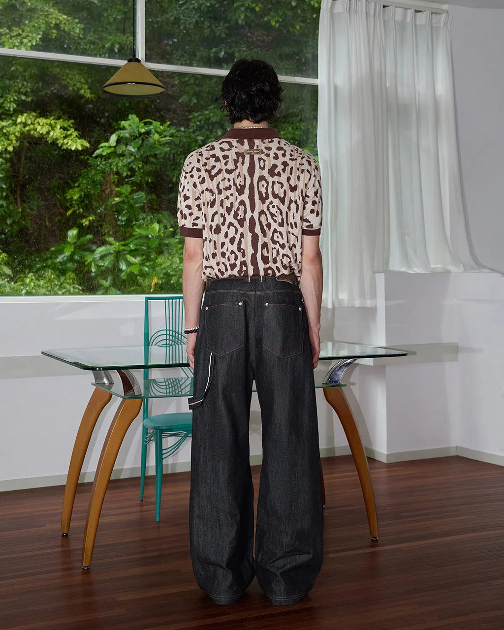 ZHABUXIAO Leopard Trim Wool Blend Ribbed Casual Polo T-Shirt Brown & Gray White