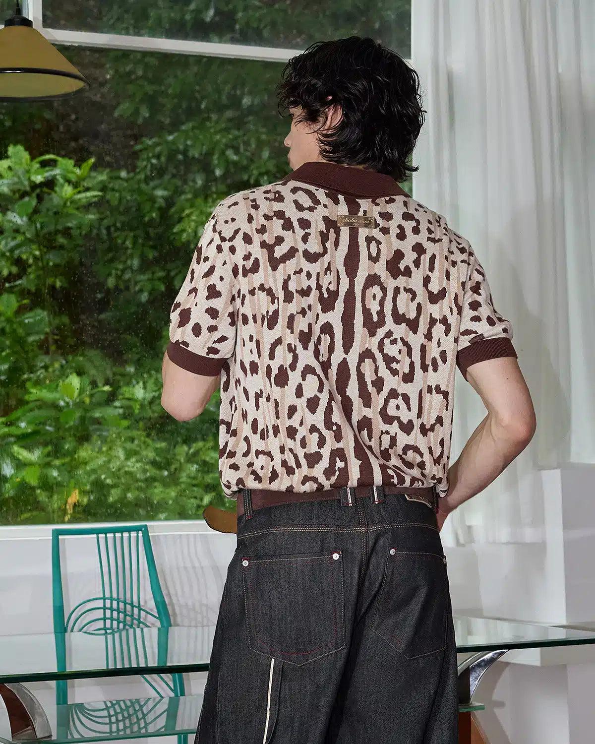 ZHABUXIAO Leopard Trim Wool Blend Ribbed Casual Polo T-Shirt Brown & Gray White