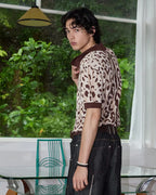 ZHABUXIAO Leopard Trim Wool Blend Ribbed Casual Polo T-Shirt Brown & Gray White