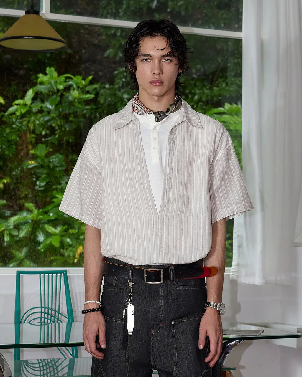 ZHABUXIAO 2-in-1 Striped Lyocell Linen Henley Short Sleeve Shirt Apricot
