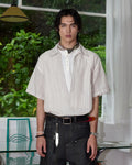 ZHABUXIAO 2-in-1 Striped Lyocell Linen Henley Short Sleeve Shirt Apricot