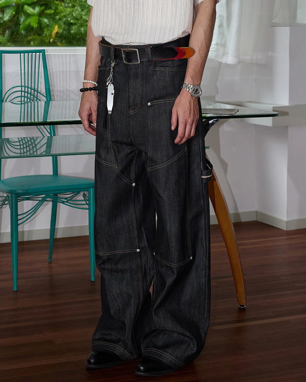ZHABUXIAO Deconstructed Selvedge Wide Straight Casual Jeans Black