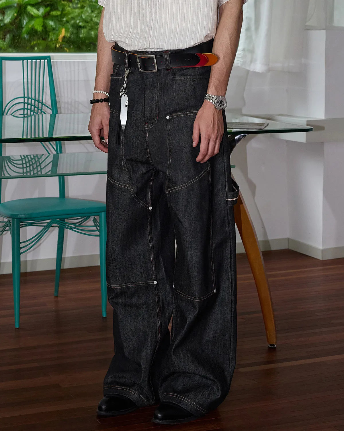 ZHABUXIAO Deconstructed Selvedge Wide Straight Casual Jeans Black