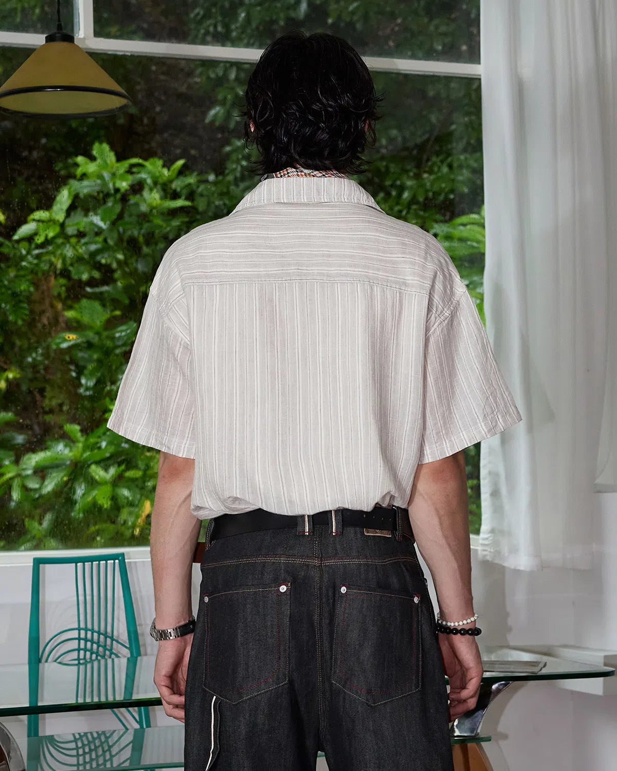 ZHABUXIAO 2-in-1 Striped Lyocell Linen Henley Short Sleeve Shirt Apricot