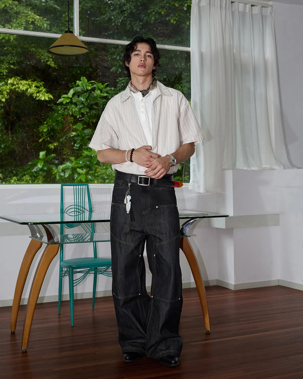 ZHABUXIAO 2-in-1 Striped Lyocell Linen Henley Short Sleeve Shirt Apricot