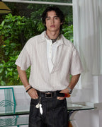 ZHABUXIAO 2-in-1 Striped Lyocell Linen Henley Short Sleeve Shirt Apricot