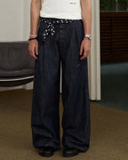 ZHABUXIAO Pleated Wool Blend Straight Leg Raw Denim Jeans YKK Blue